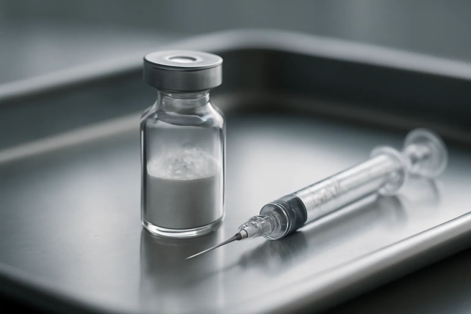 Lyophilized peptide vial and syringe on a steel tray comparing BPC-157 acetate vs BPC-157