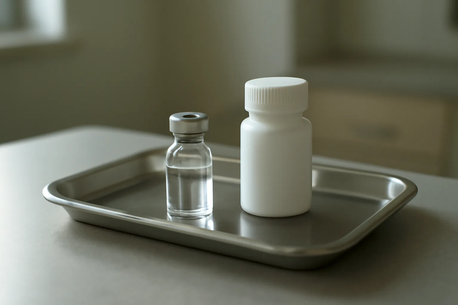 Vial and capsules on a clinical tray comparing BPC-157 peptide oral or injection formats