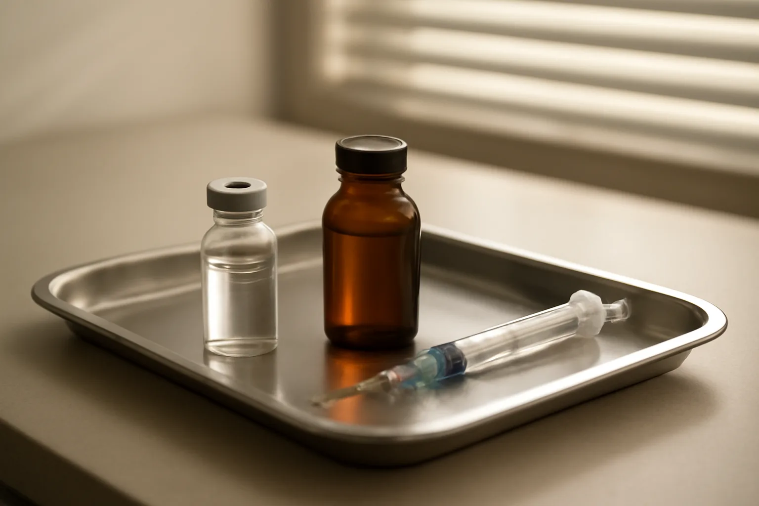 Vial, capsules, and syringe on a clinical tray comparing BPC-157 delivery forms