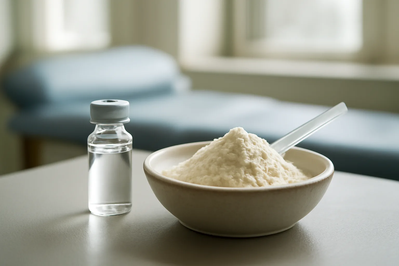 Vial and collagen powder scoop side by side on a clinic table