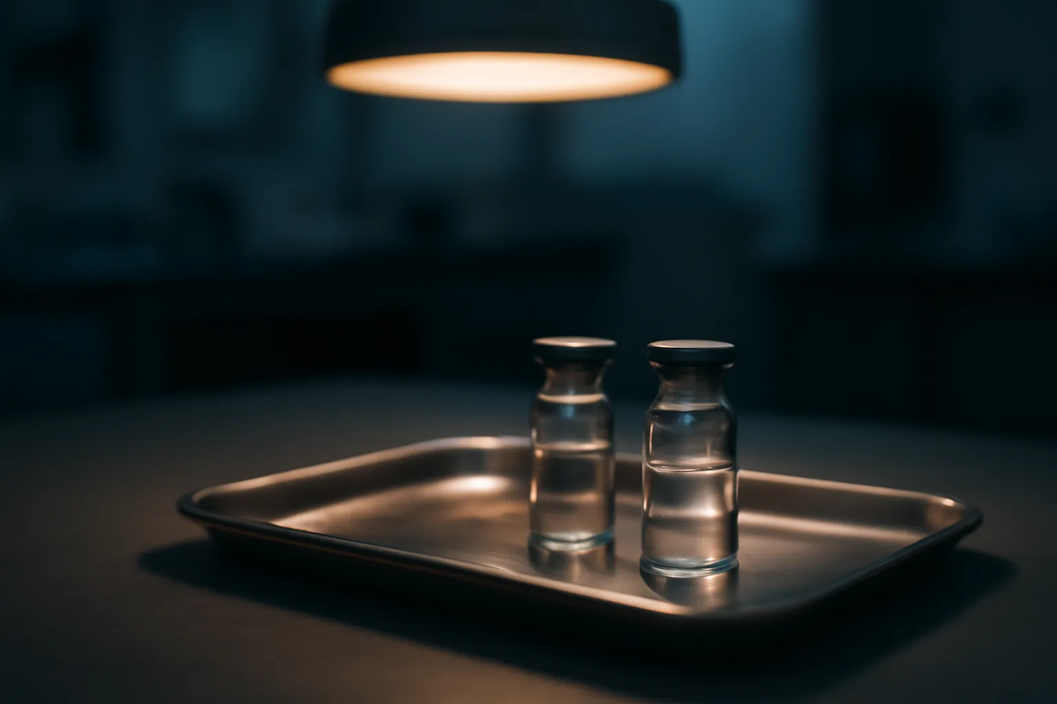 Two unlabeled glass vials on a lab tray, representing a peptide comparison scene