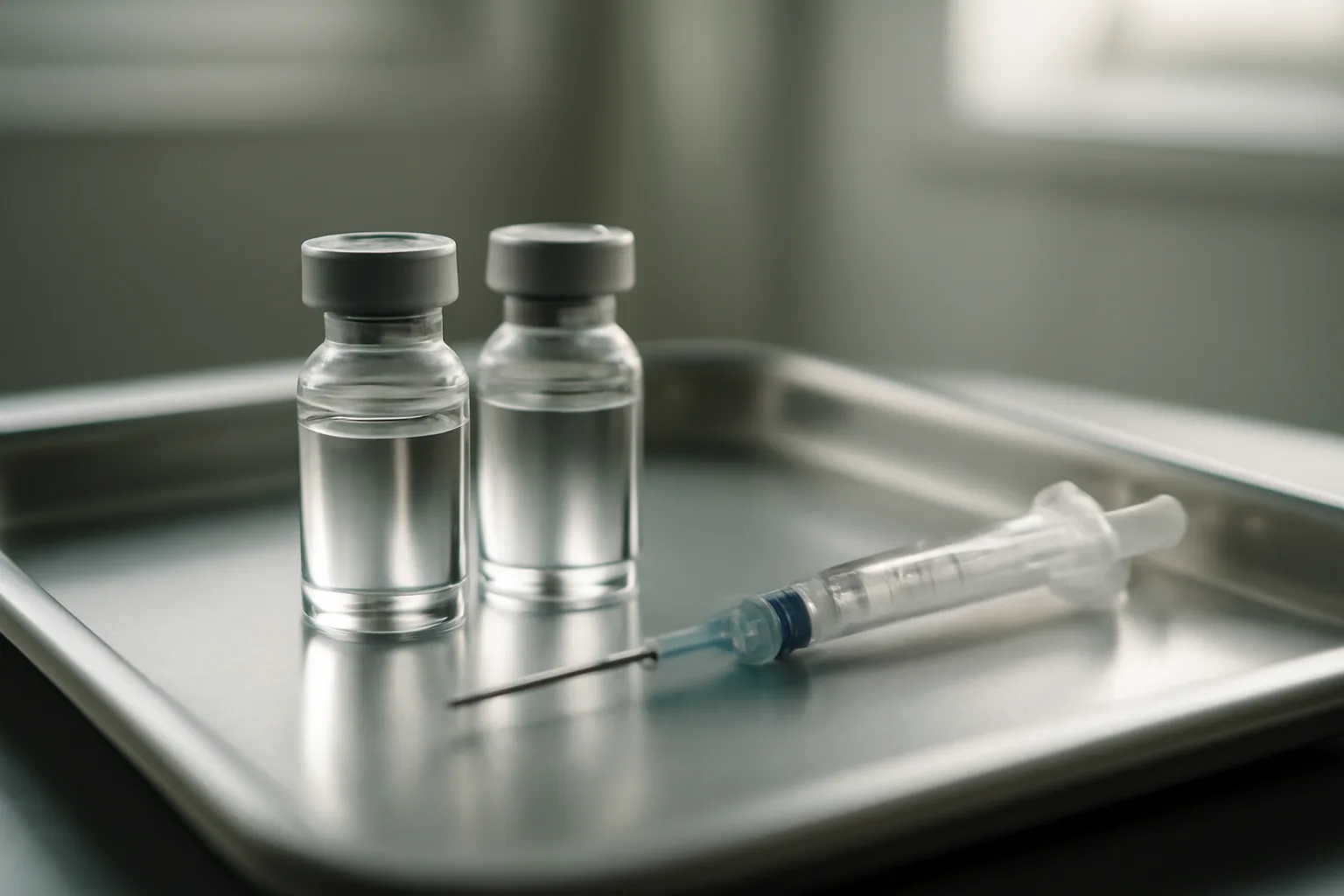 Two unlabeled vials and a syringe representing tb 500 peptide vs bpc 157 comparison