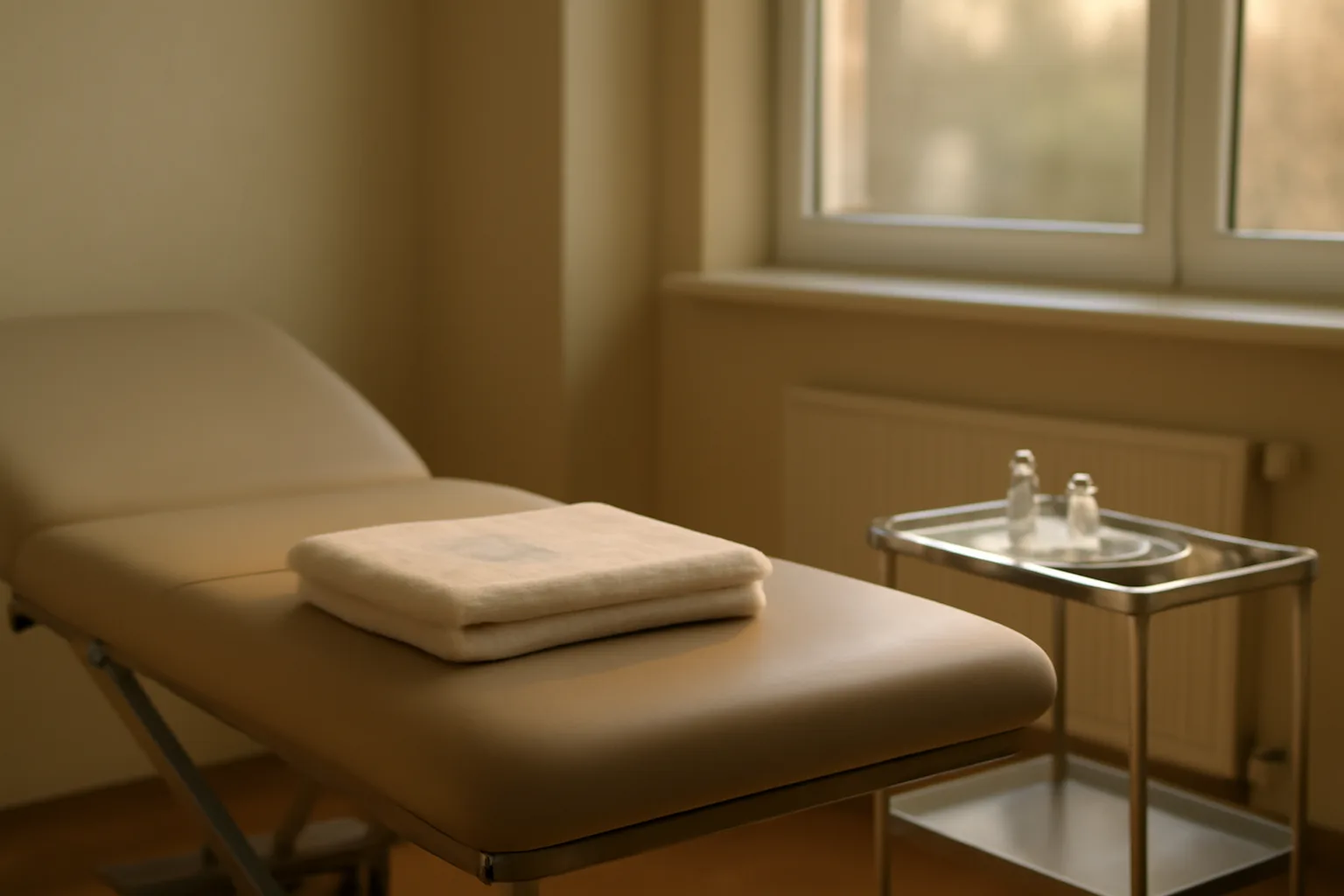 Empty clinical treatment room with injection supplies, evoking research into how long BPC-157 takes to work