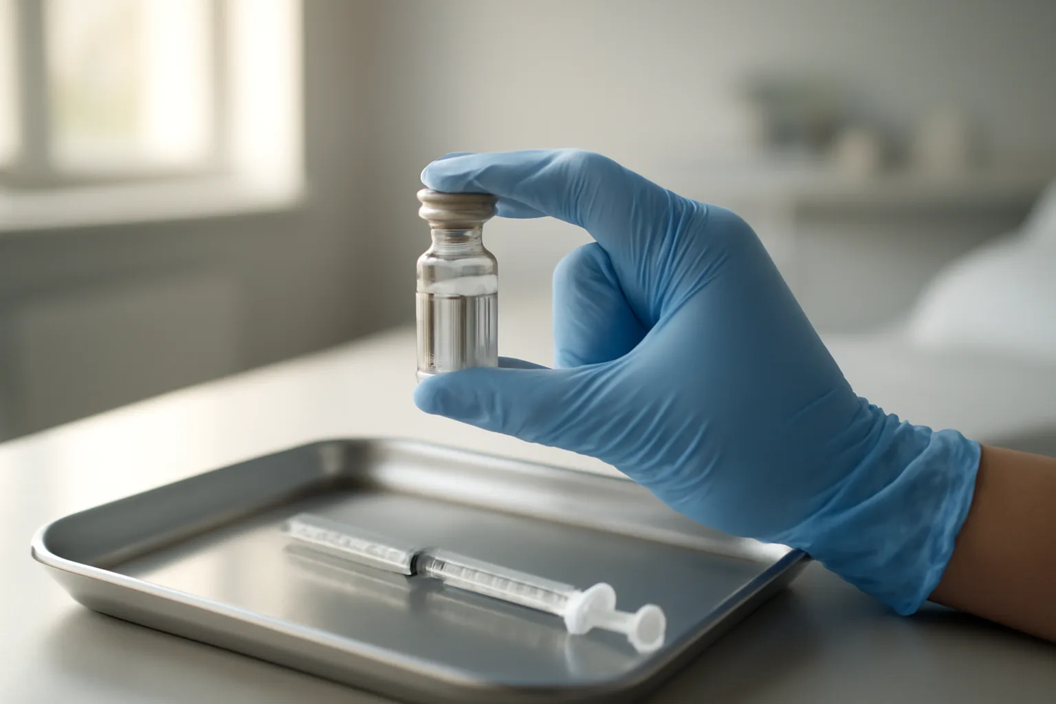 Gloved hand preparing a syringe and vial before a BPC-157 injection in a clinical setting