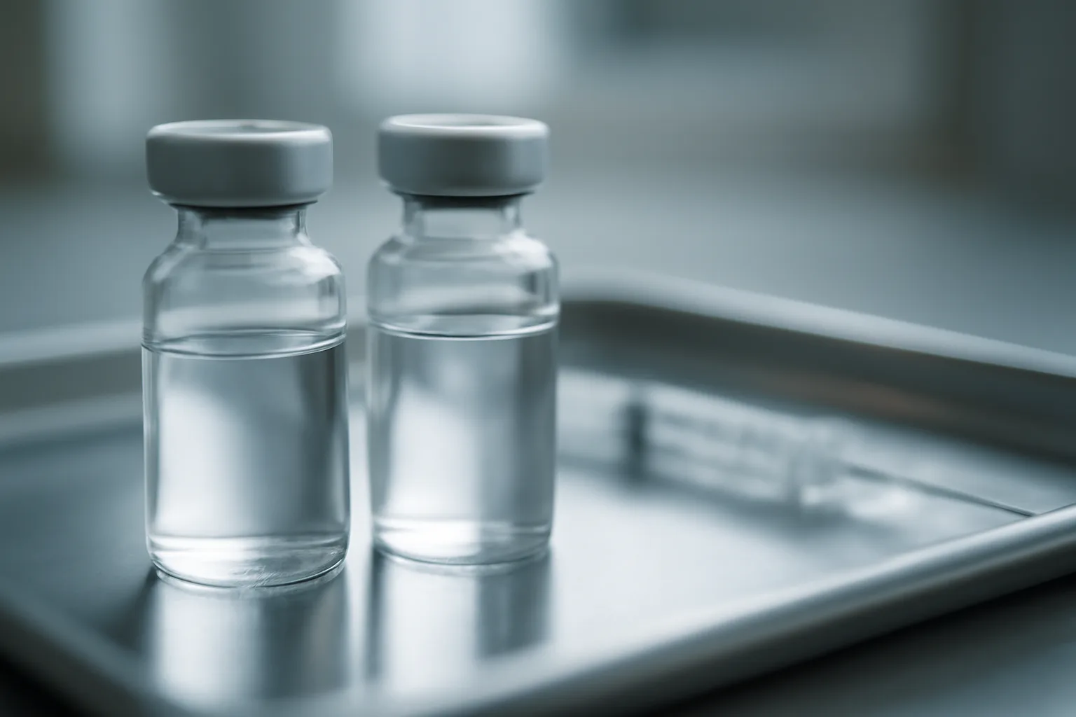 Two unlabeled glass peptide vials on a steel tray in a clinical setting