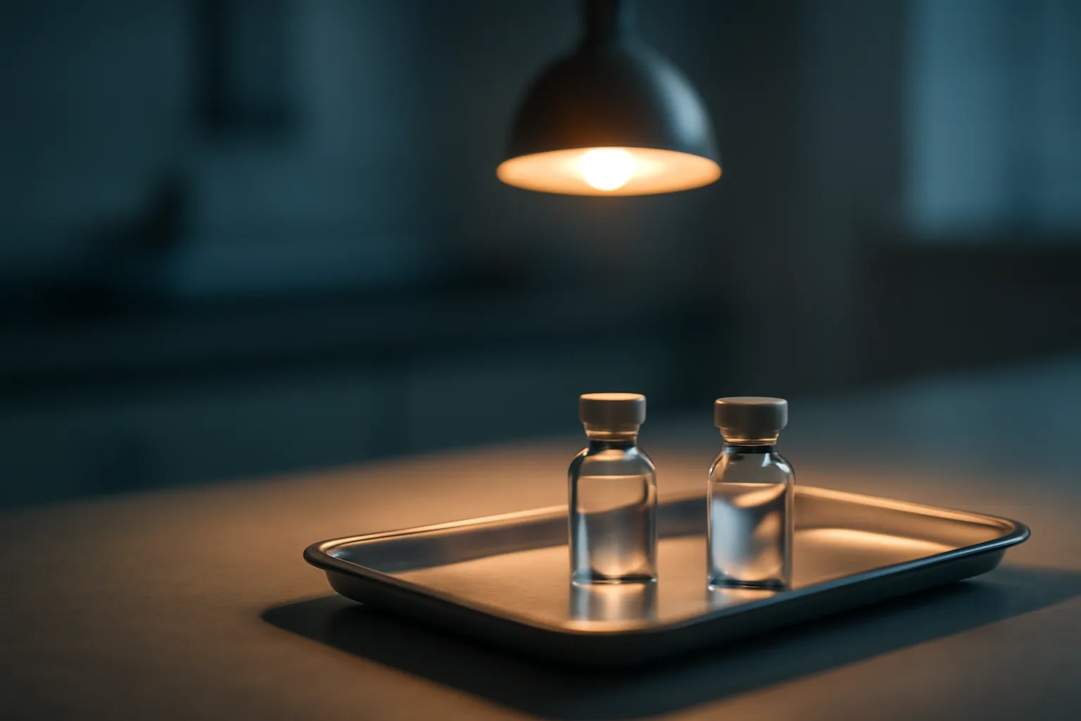 Two unlabeled glass vials on a steel tray representing NAD+ and BPC-157 research compounds