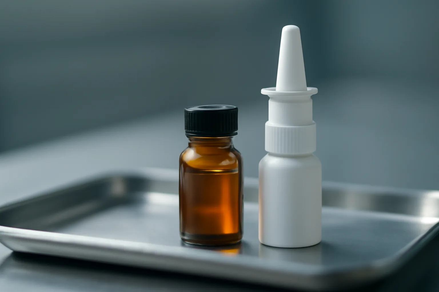 Amber vial and nasal spray bottle on a steel tray, comparing BPC-157 delivery formats