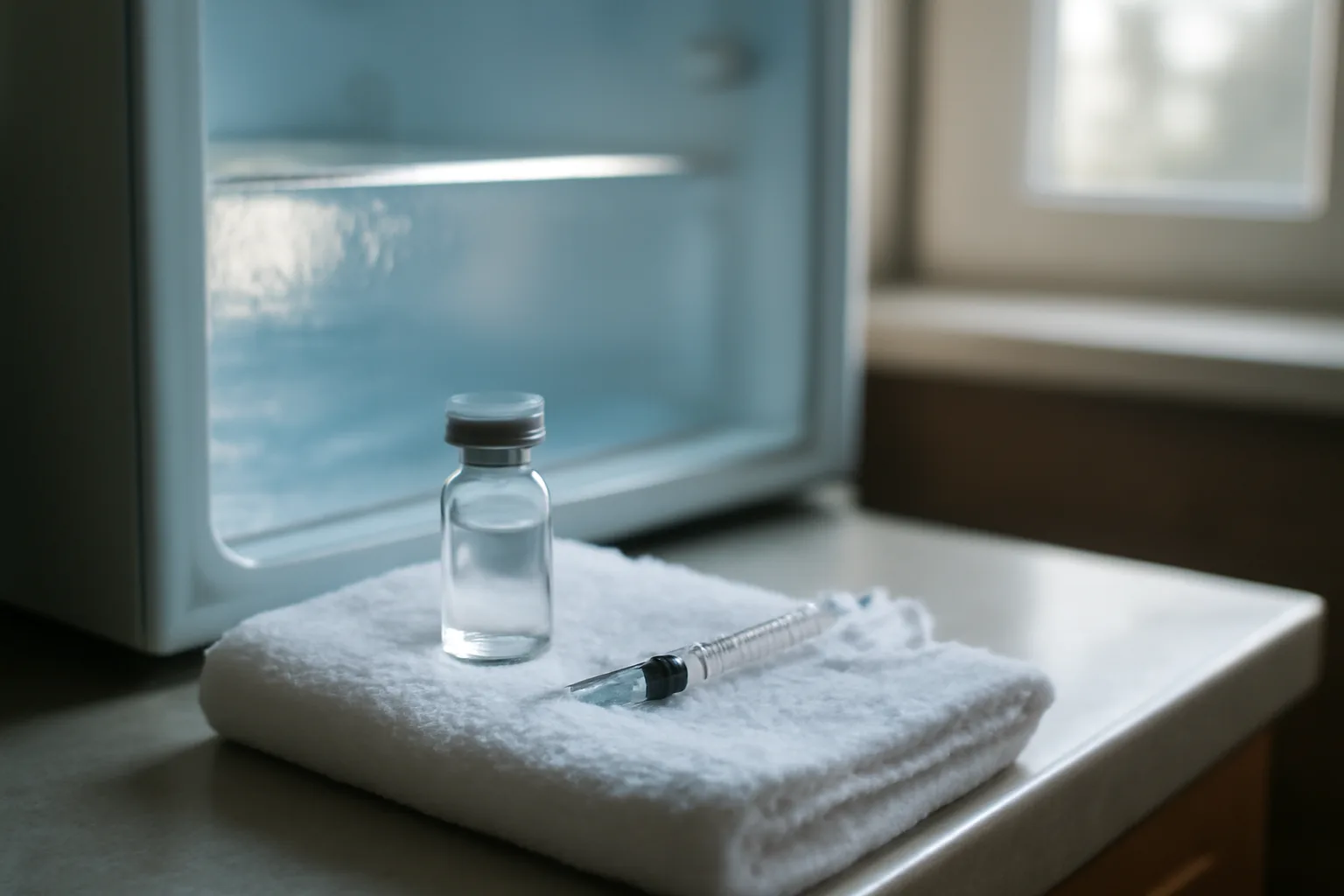 Glass peptide vial and syringe stored beside an open refrigerator door