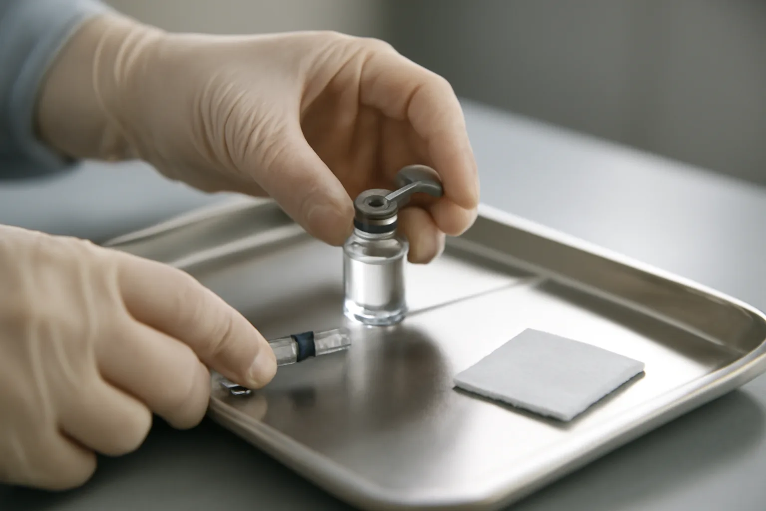 Gloved hands preparing an injection vial and syringe on a clinical steel tray