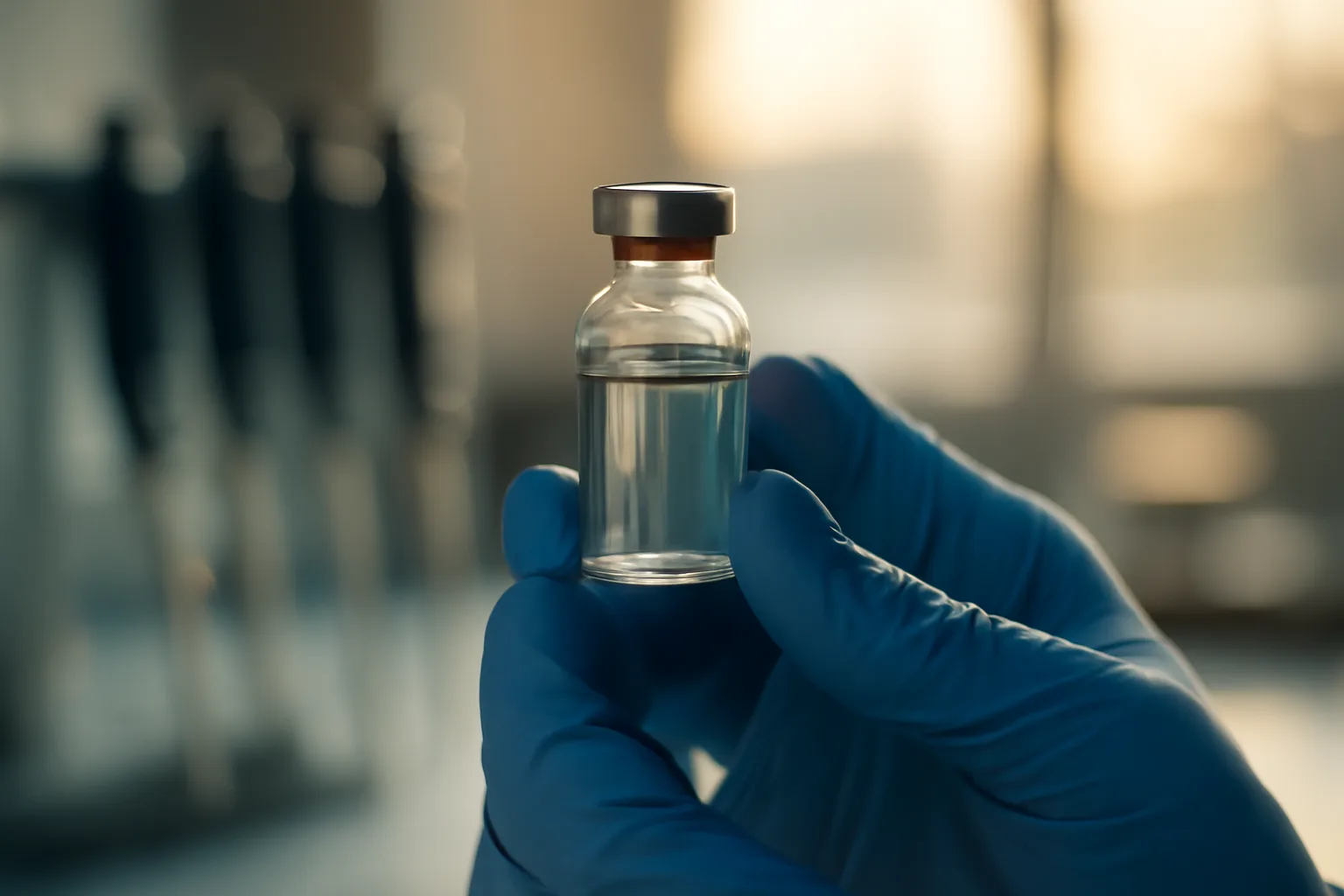 Gloved hands holding a glass vial in a lab, illustrating how BPC-157 peptide research is conducted