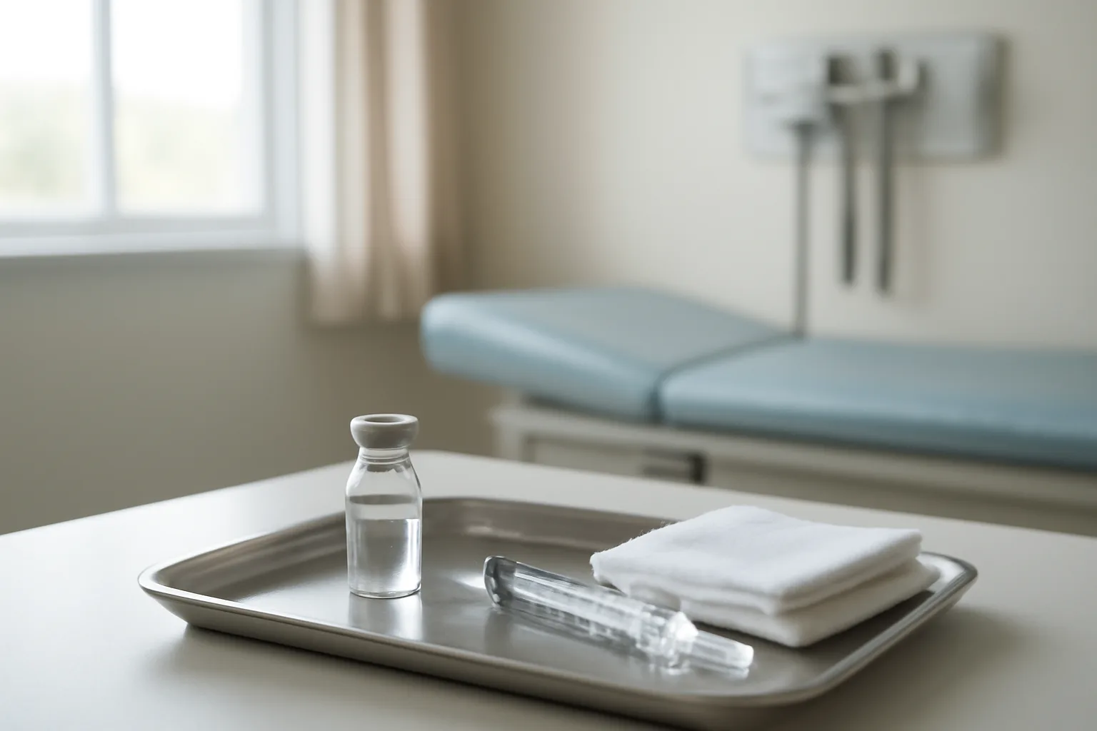 Vial and syringe on a steel tray in a sunlit clinic room, dosing frequency context