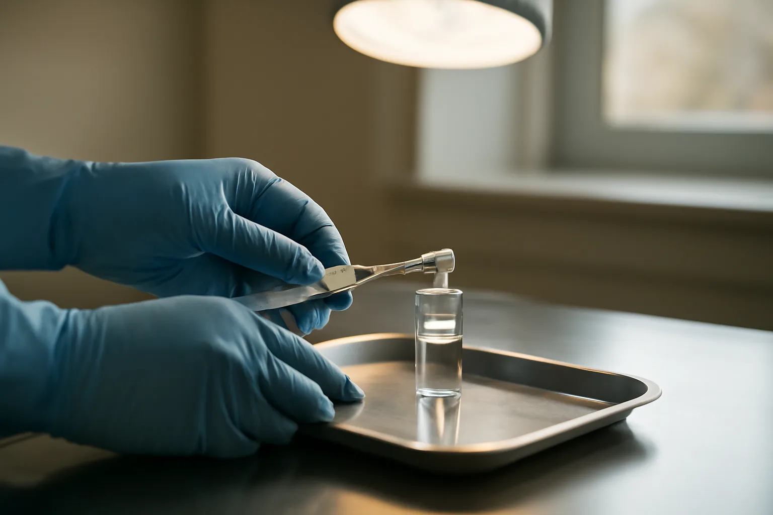 Gloved hands preparing an injection vial and syringe on a steel tray