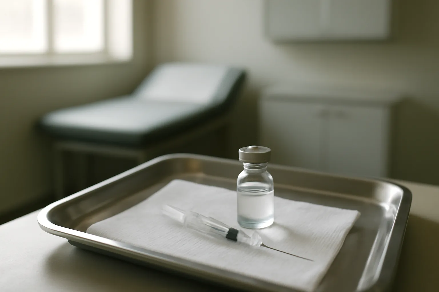 Vial and syringe on a clinical tray, representing questions about BPC-157 dosing frequency