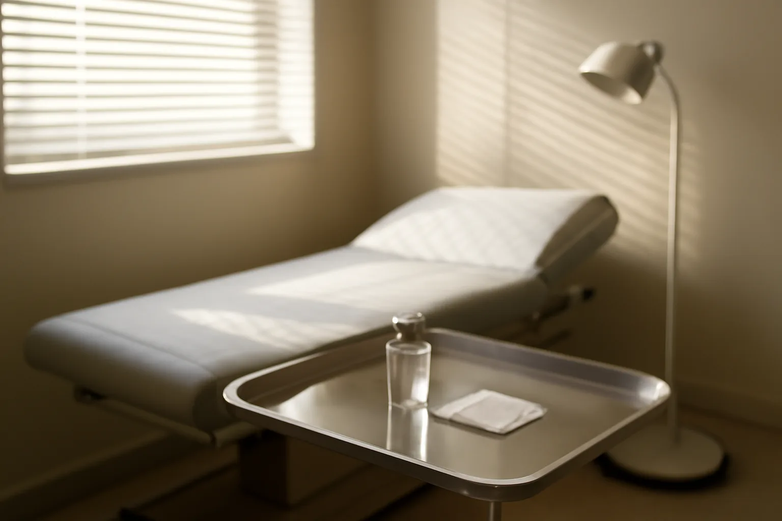 Clinical treatment room with a glass vial on a steel tray in soft daylight