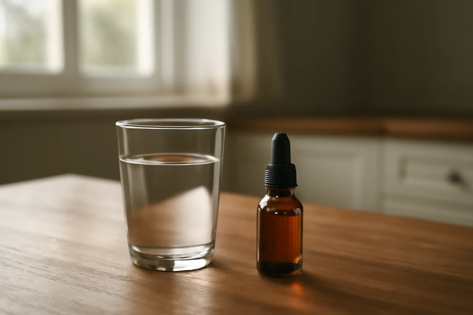 Amber vial and glass of water on a kitchen counter in morning light