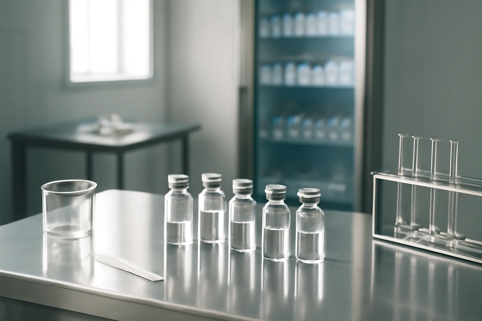 Compounding pharmacy bench with vials and cold storage, no visible labels