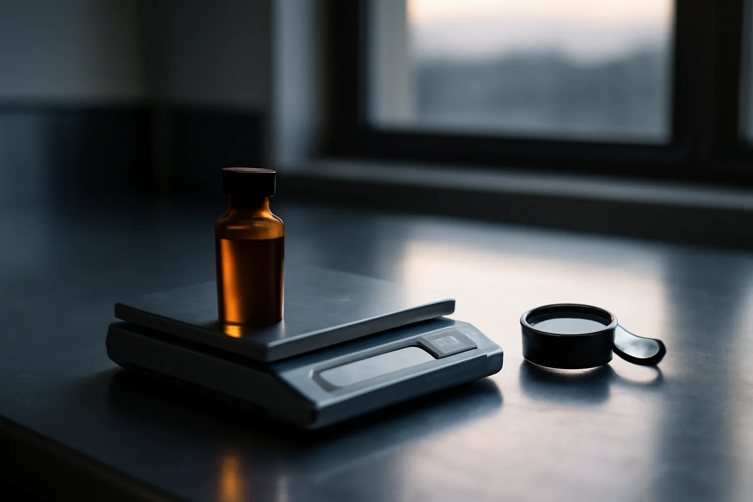 Amber glass vial and digital scale on a lab counter, evoking bpc 157 oral sourcing questions