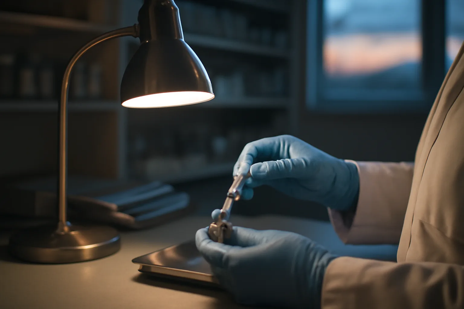 Pharmacist preparing a peptide vial at a compounding pharmacy counter