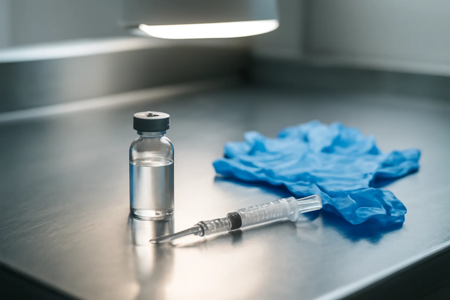 Compounding pharmacy bench with vial and syringe used for BPC-157 preparation