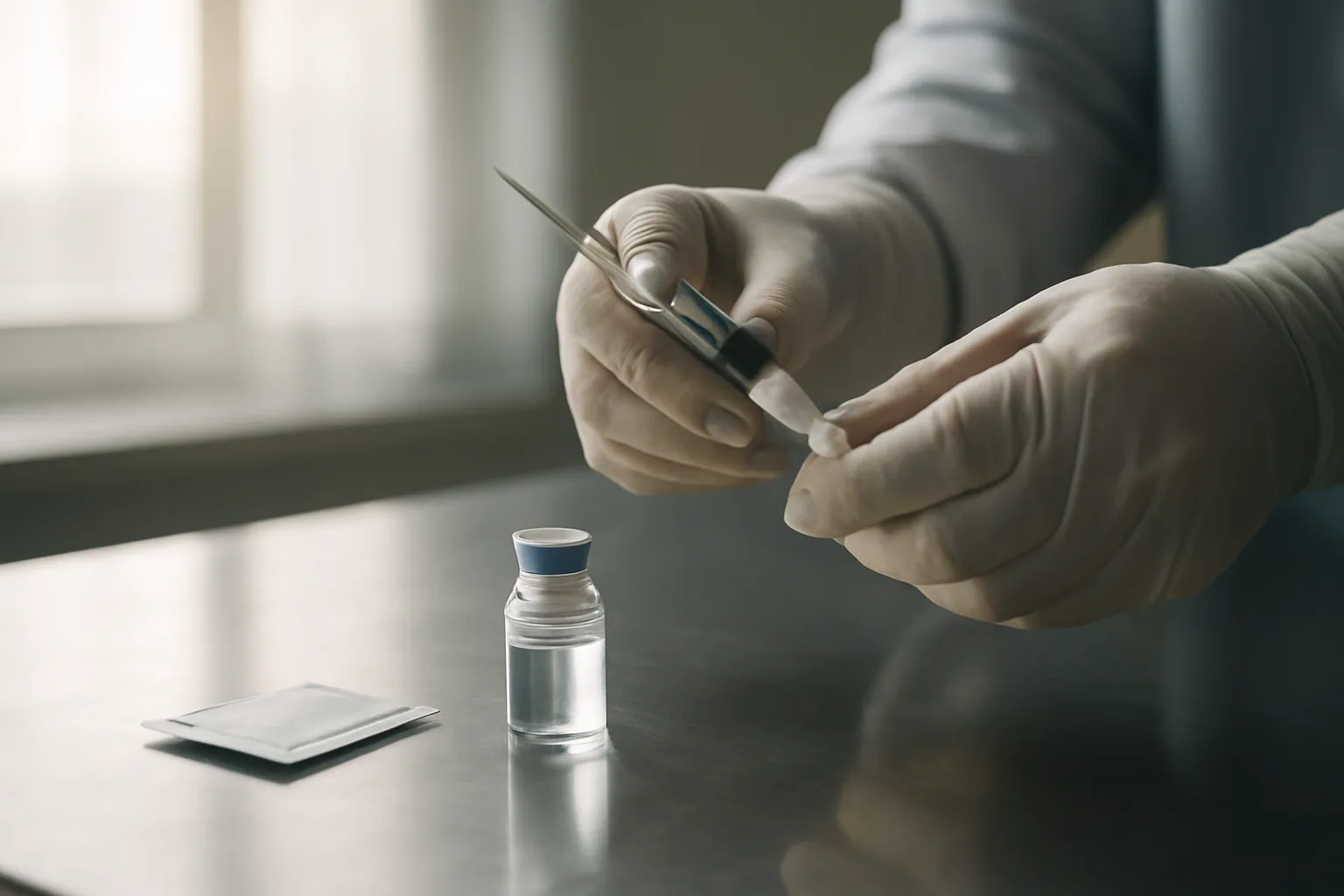 Gloved hands preparing an injectable peptide vial and syringe on a clinical counter