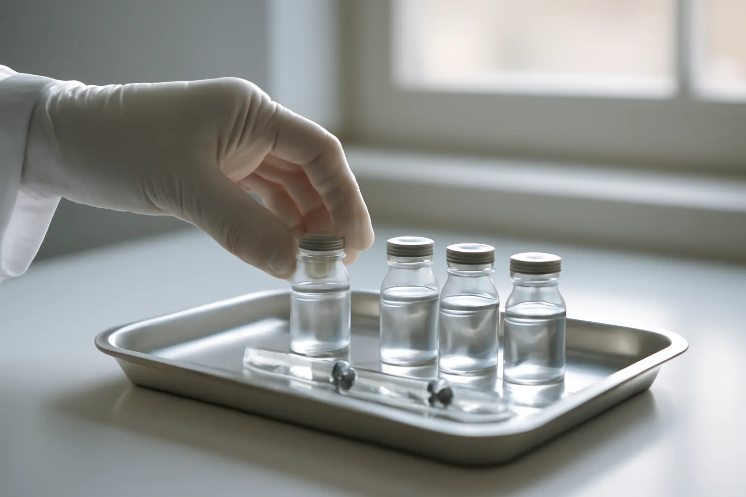 Gloved hand selecting a peptide vial from a pharmacy tray under soft light