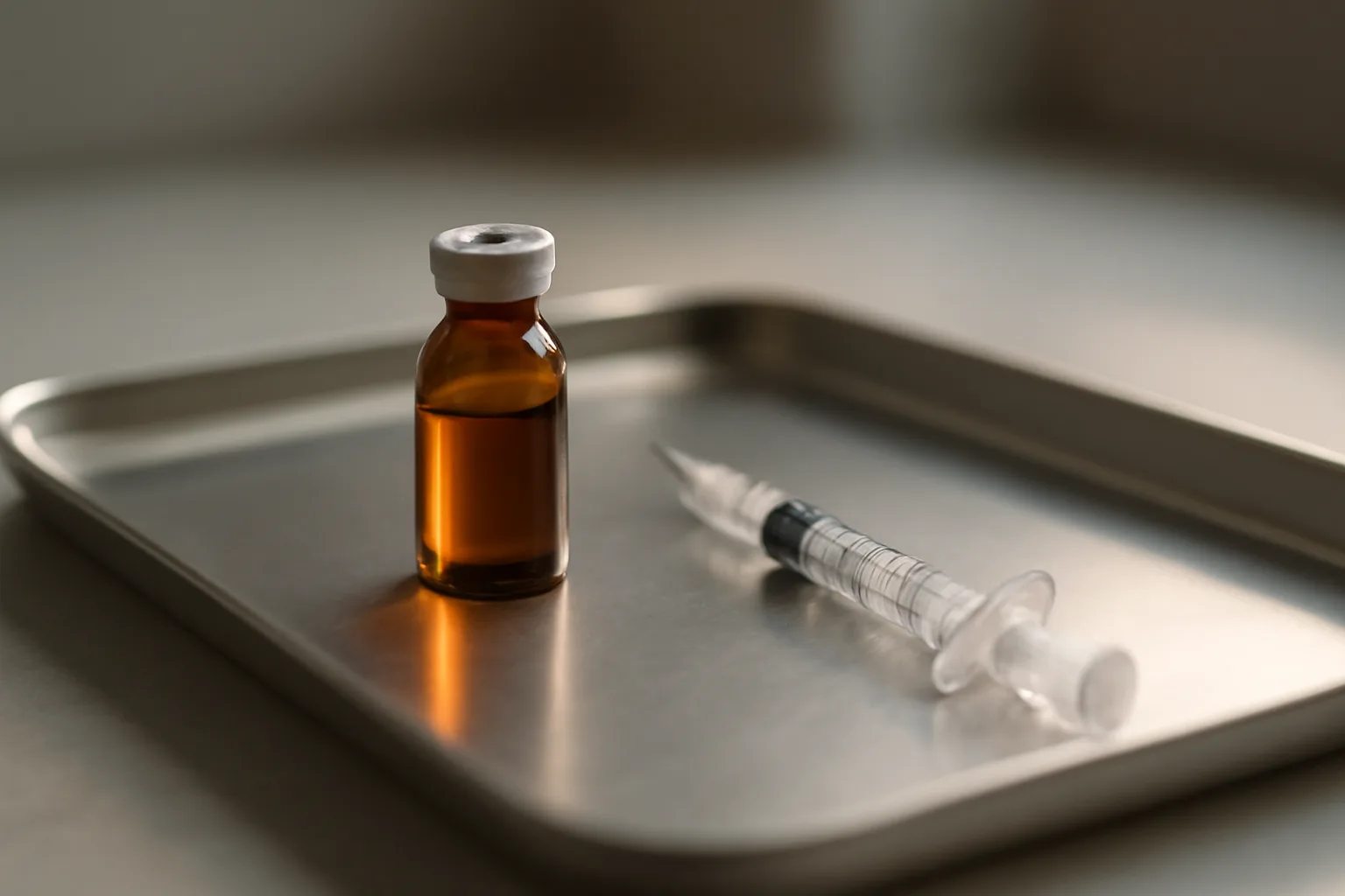 Vial and syringe on a steel tray in morning light, representing BPC-157 injection timing