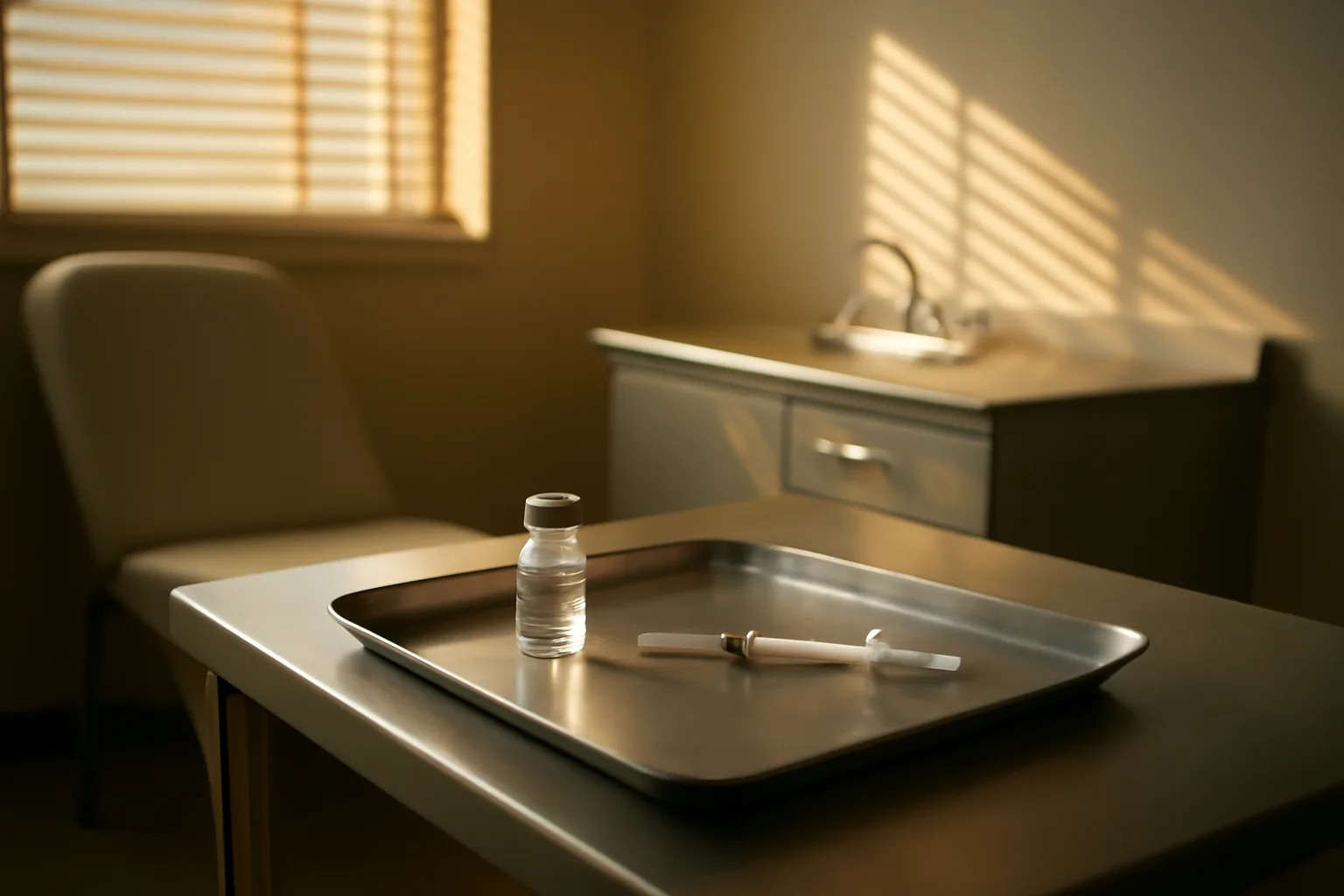 Exam room tray with vial and syringe representing BPC-157 clinic visit cost