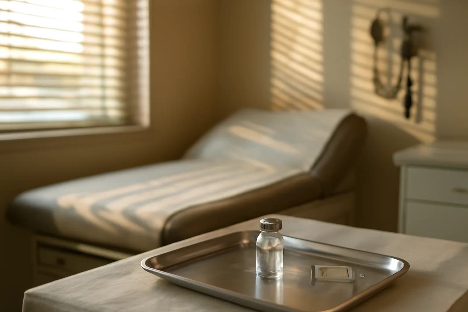 Clinic exam room tray with vial and syringe, representing BPC-157 peptide cost at Dallas clinics