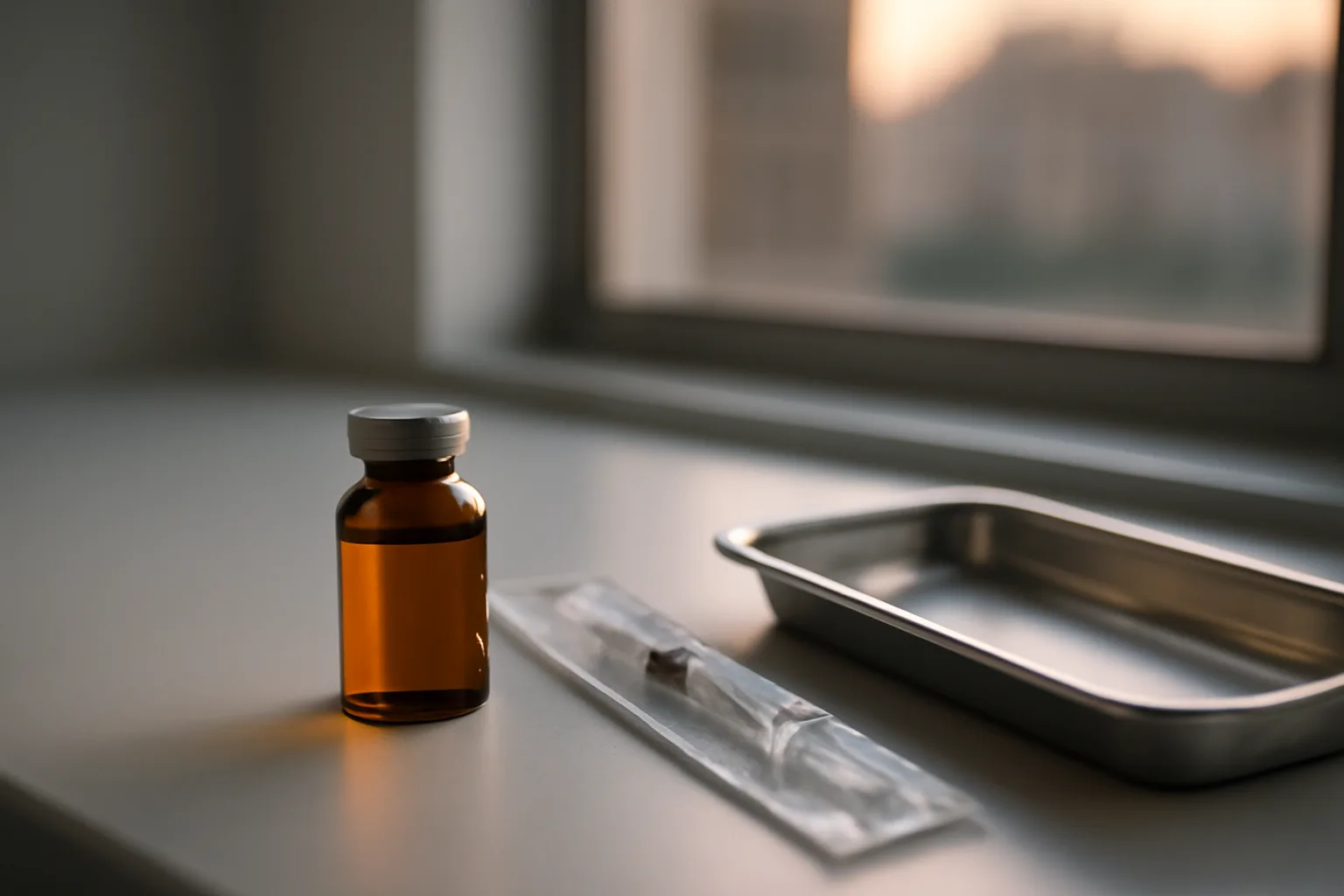 Vial and syringe on a clinical counter representing sourcing questions for bpc 157 peptide for sale near me