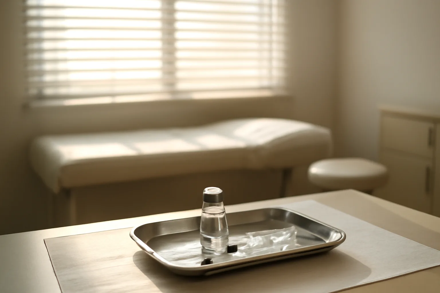 Clinical treatment room set up for a peptide injection consultation, no branding visible