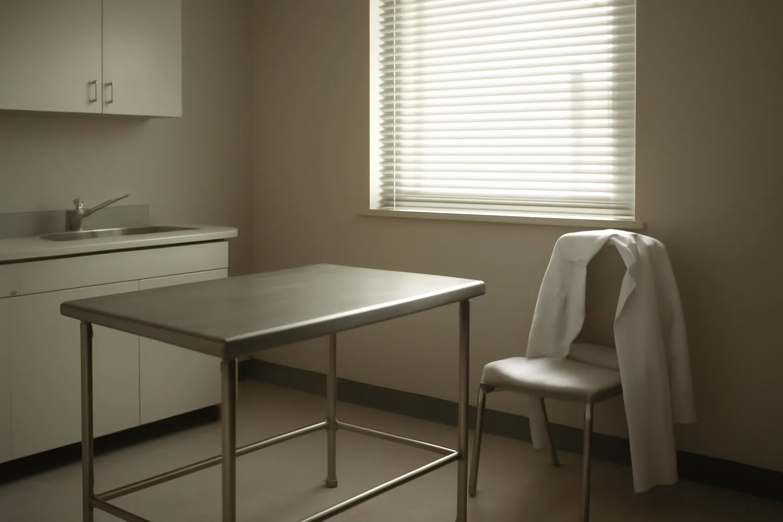 Empty clinical exam room representing careful physician review of BPC-157 peptide side effects