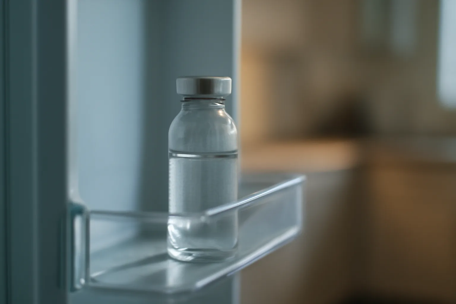 Glass vial stored on a refrigerator door shelf illustrating peptide cold storage