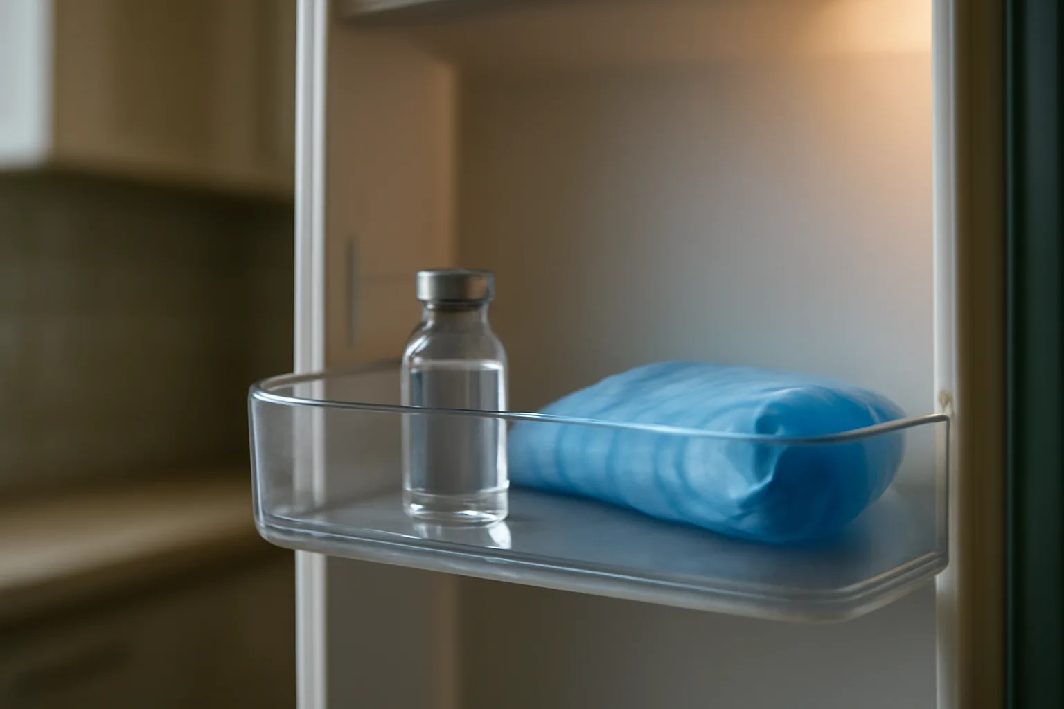 Glass peptide vial stored on a refrigerator shelf beside an ice pack