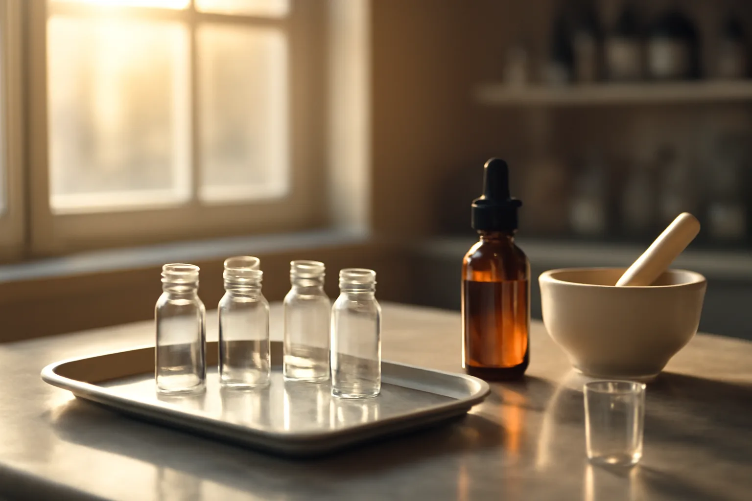 Compounding pharmacy workbench with glass vials, evoking sourcing behind an oral BPC-157 supplement