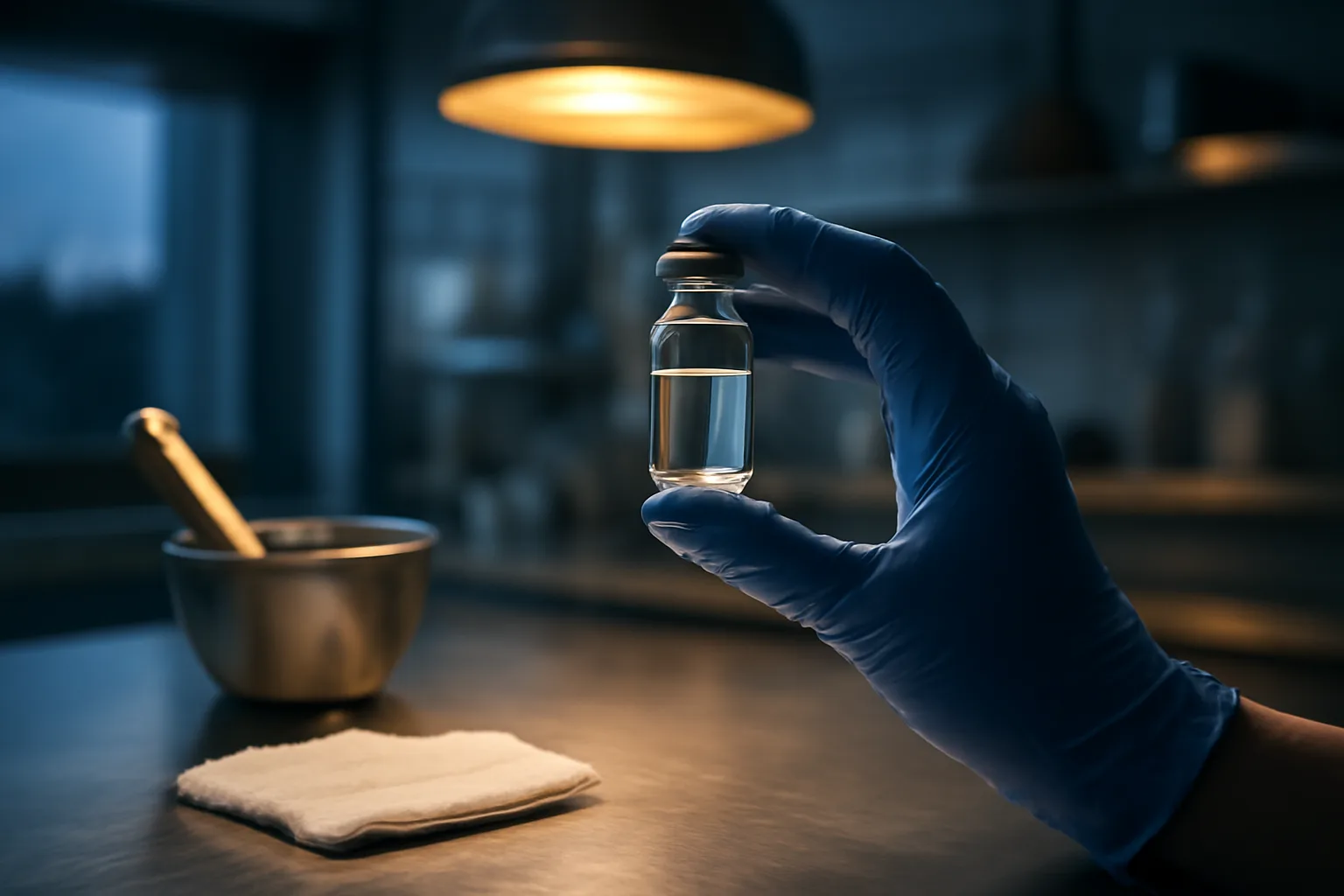 Pharmacist's gloved hand inspecting a glass vial at a compounding pharmacy counter