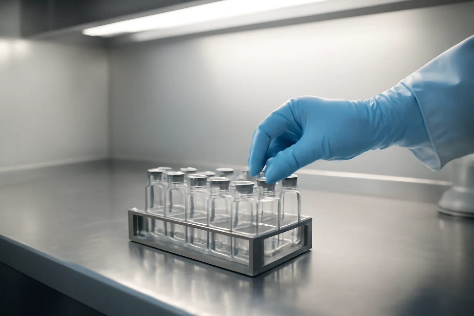 Compounding pharmacy bench with glass vials, representing sourcing behind best bpc 157 peptides