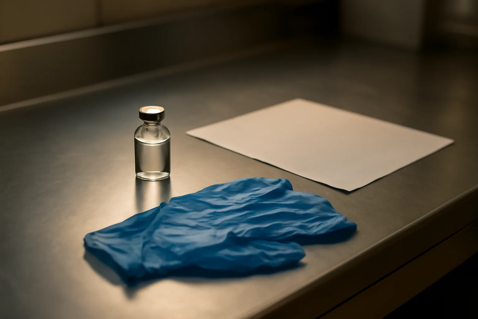 Compounding pharmacy counter with a vial and lab documentation, evoking BPC-157 sourcing checks