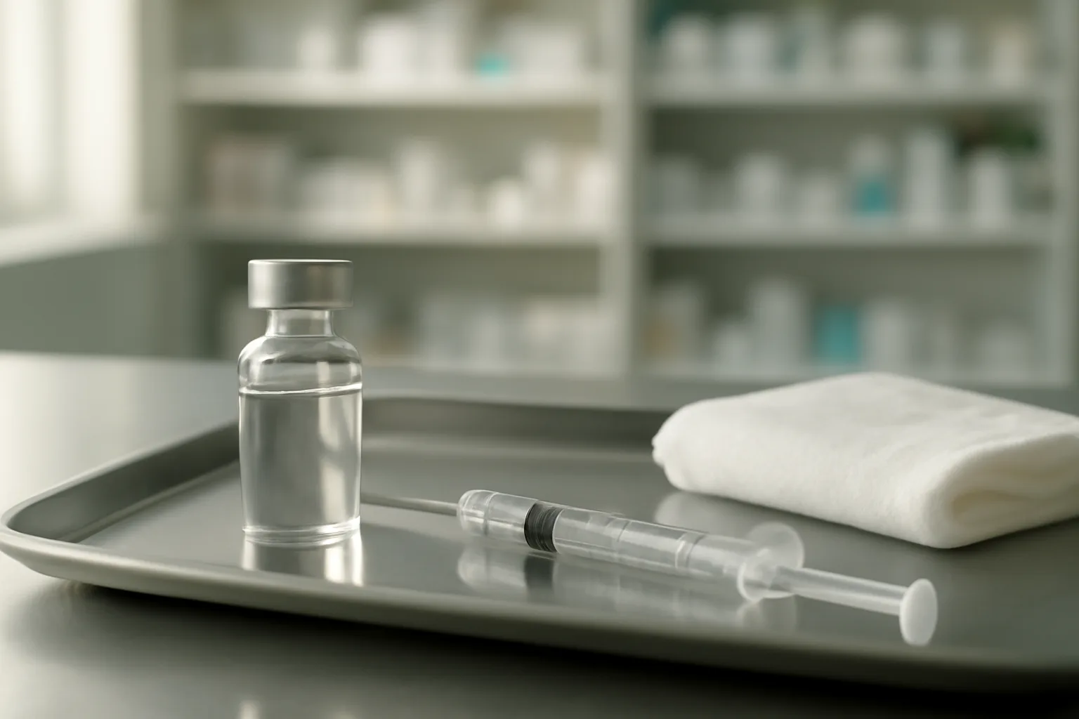 Vial and syringe on a steel tray, representing research into oral BPC-157 peptide alternatives