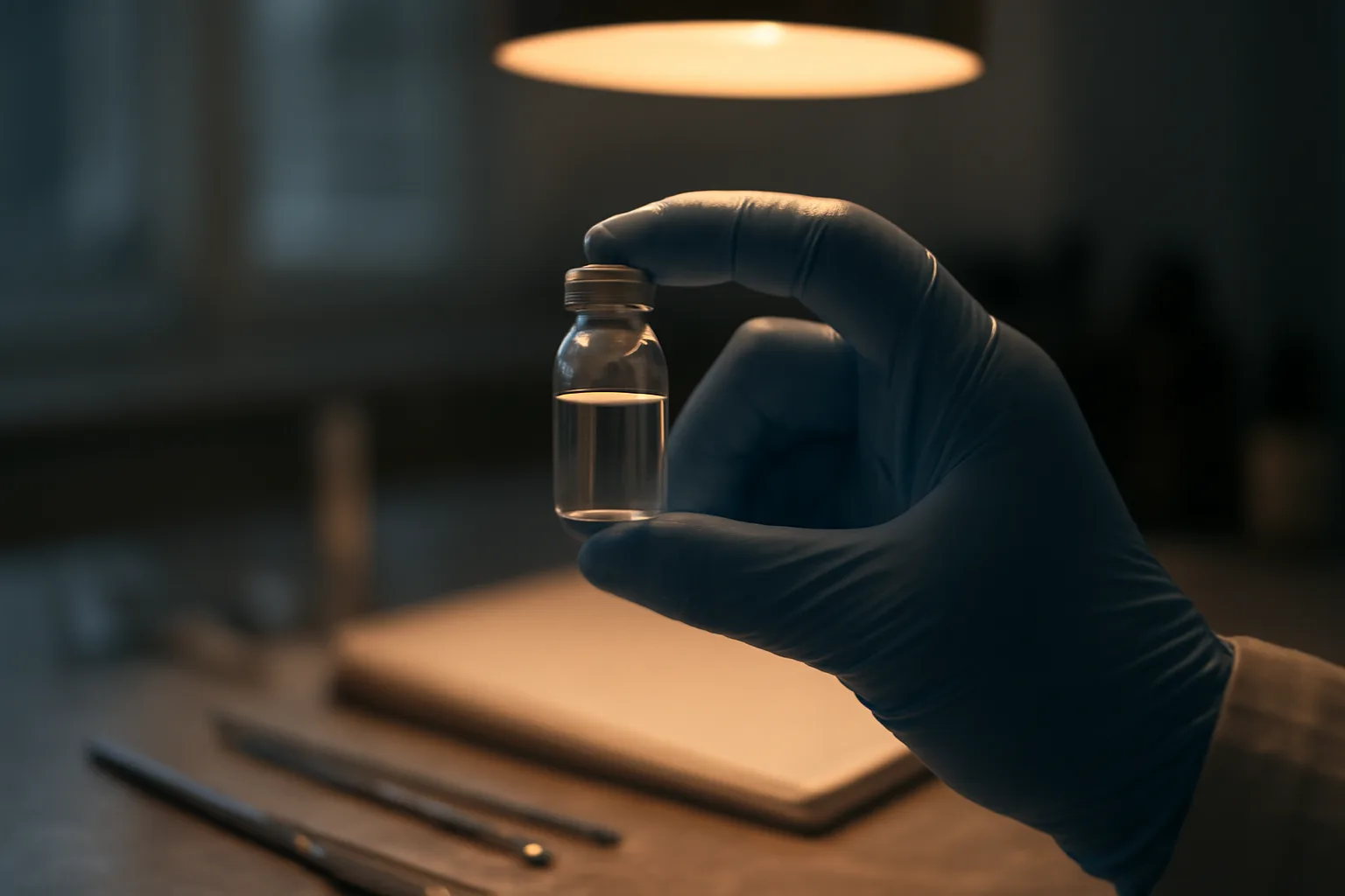 Pharmacist examining a small glass vial under warm workbench lighting