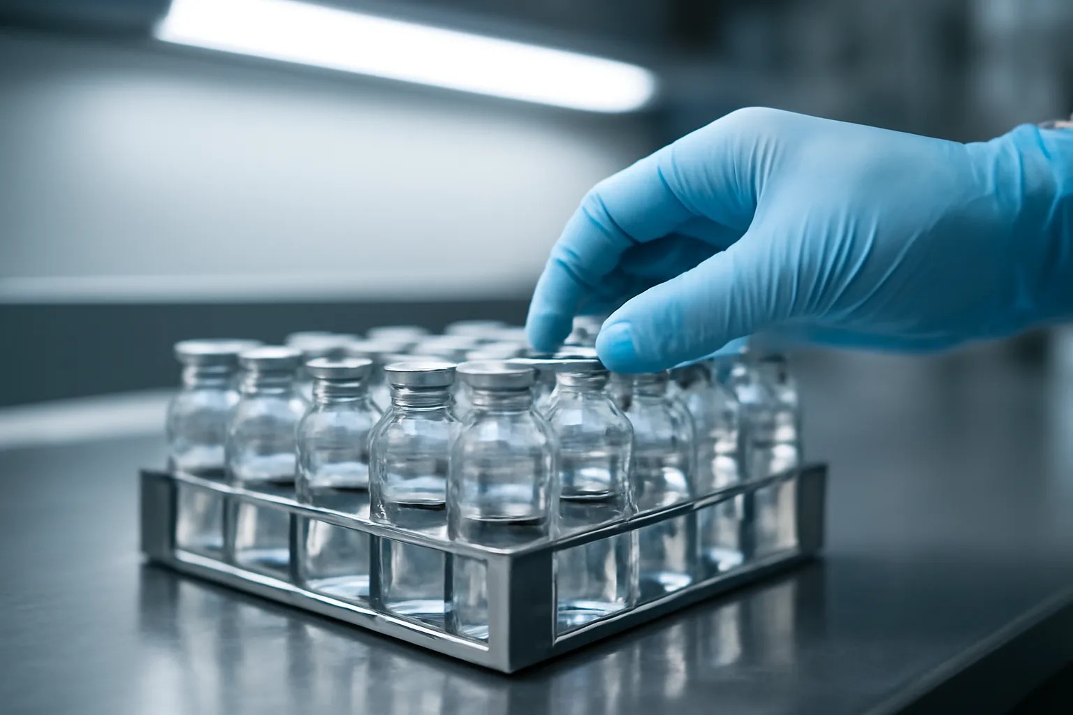 Gloved hand adjusting glass vials in a rack at a compounding pharmacy bench