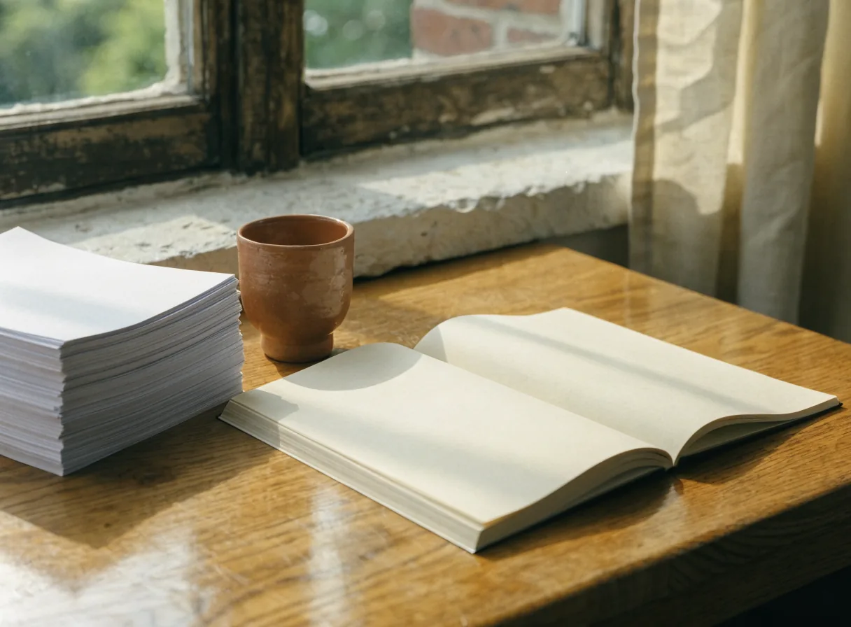 An open notebook with blank pages beside a thick stack of plain paper and a small terracotta cup on an oak desk under a window.