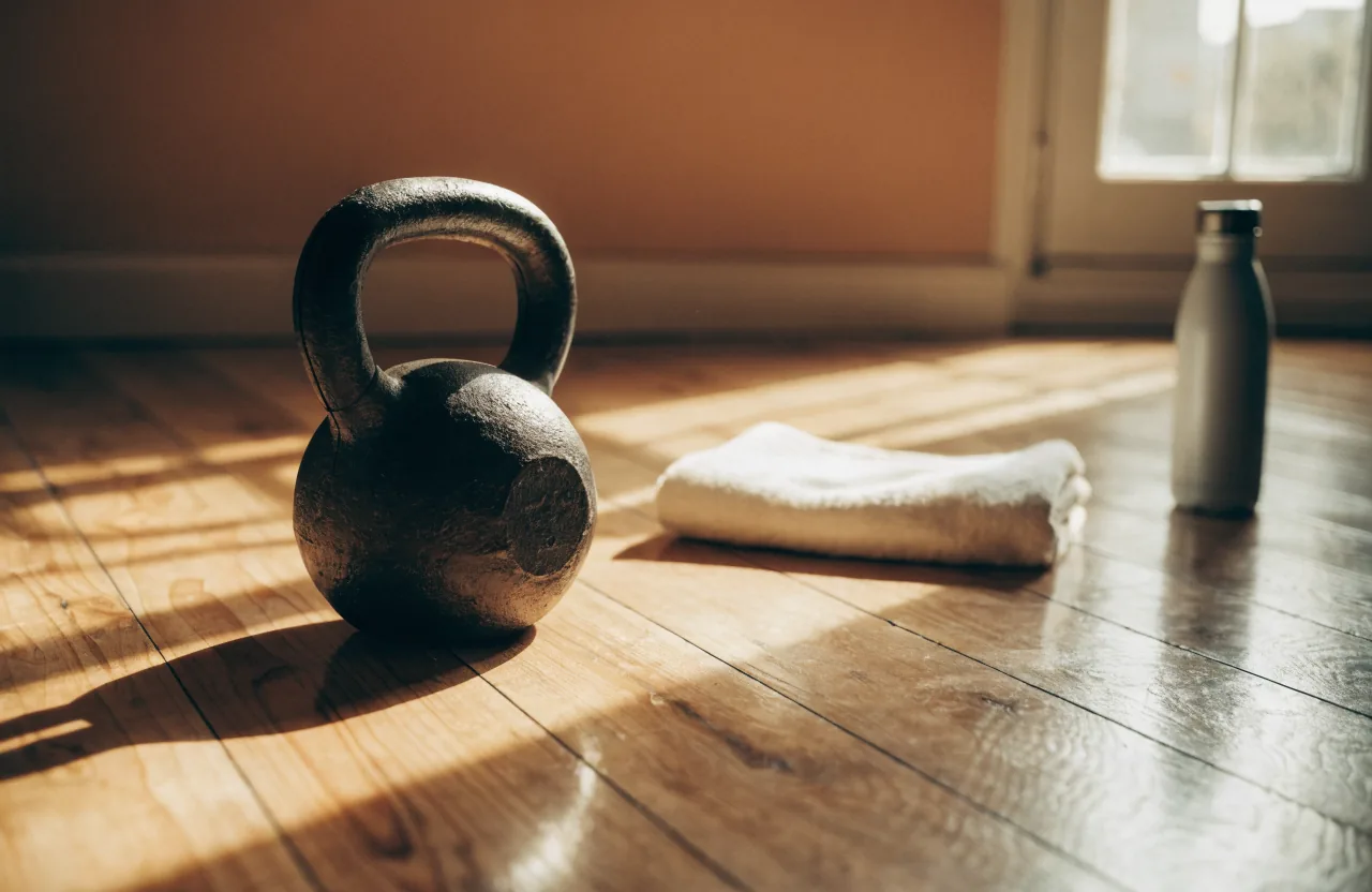A cast iron kettlebell, a folded cream towel, and a steel water bottle resting on a warm wood floor in low morning sun.