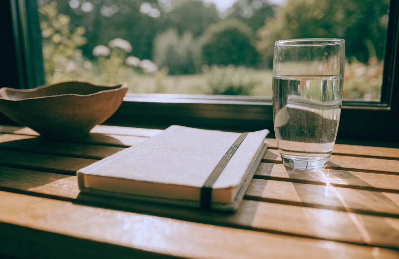 A closed linen-bound journal with an elastic band beside a tall glass of water on a slatted wooden bench in morning light, a terracotta dish nearby.
