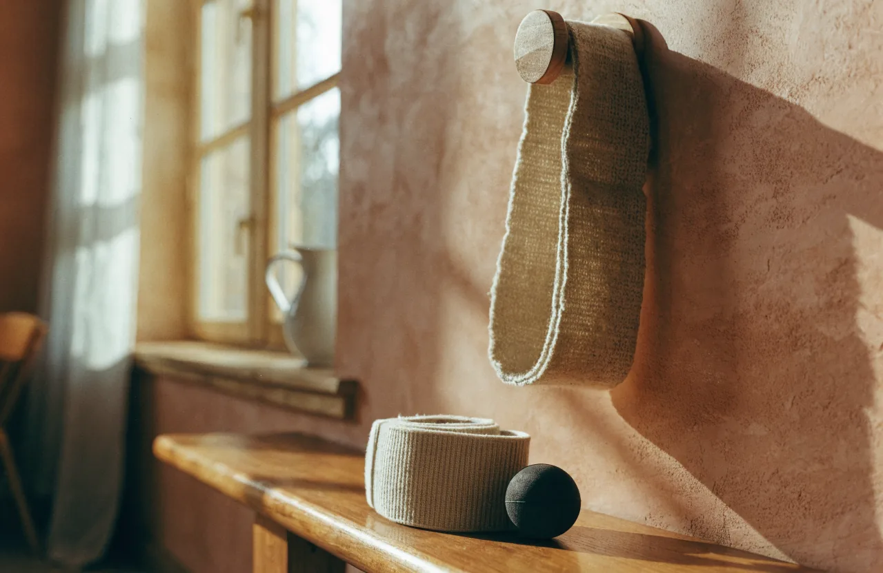 A woven resistance band hanging from a round wooden wall peg above a bench holding a rolled elastic wrist wrap and a rubber massage ball, in morning window light.